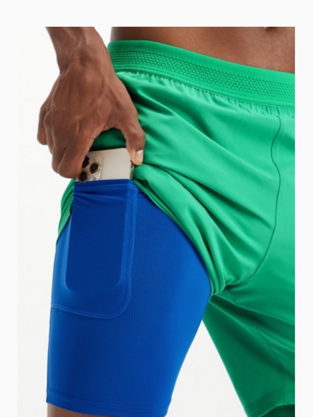 Fabletics Men’s Green 5" Athletic Shorts with Blue Compression Liner